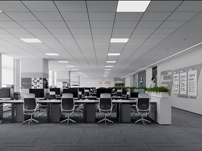 Modern Public Office Area With Workstations Computers Ergonomic Chairs Ceiling Lights And Green Plants 3d model