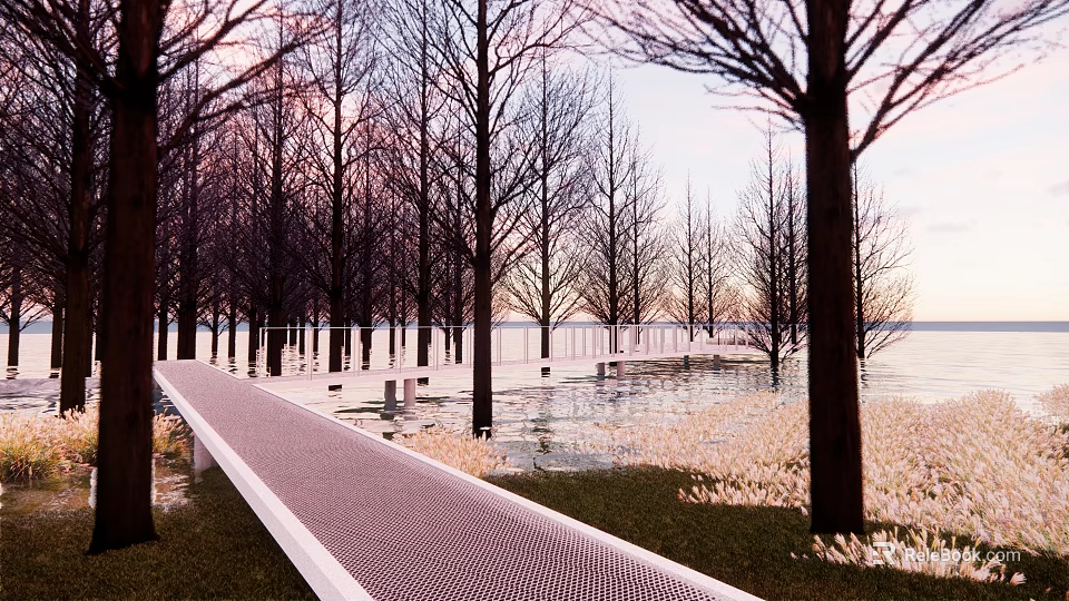 Park Landscape With Long Mesh Path Lined By Trees Water Green Grass And Pink Sky 3d model 