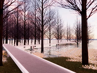 Park Landscape With Long Mesh Path Lined By Trees Water Green Grass And Pink Sky 3d model