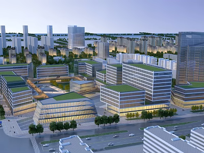Modern Urban Office Buildings With Green Roofs Glass Facades And Trees Along Roads 3d model