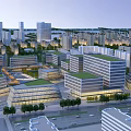 Modern Urban Office Buildings With Green Roofs Glass Facades And Trees Along Roads