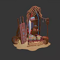 Beach Style Mobile Stall With Straw Canopy Surfboard Clay Pots And Wooden Barrel