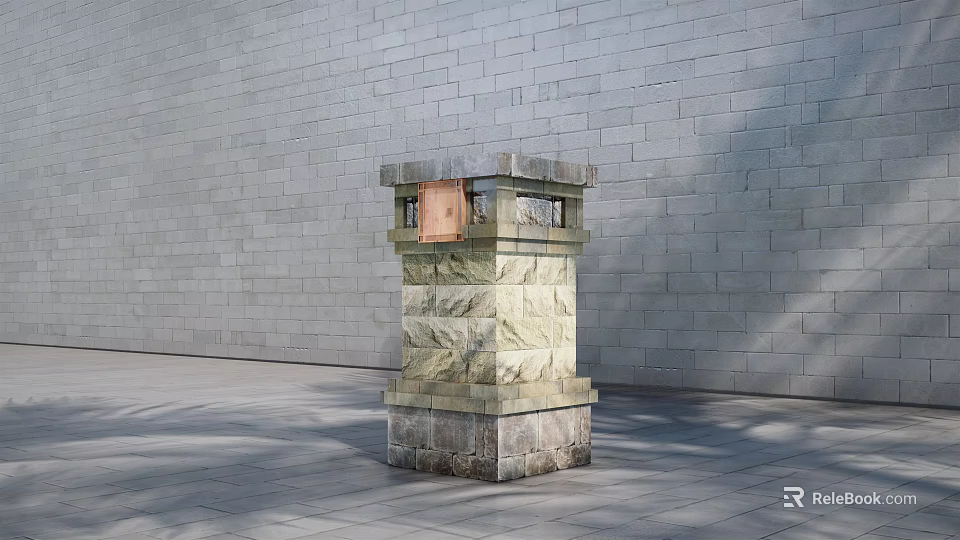 Outdoor Commercial Stone Pillar Equipment With Red Sign And Gray Brick Wall 3d model 