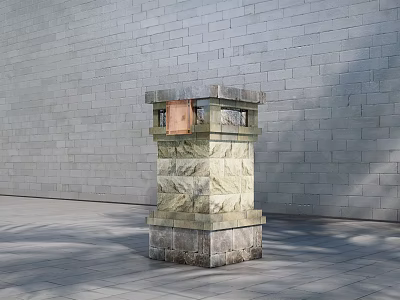 Outdoor Commercial Stone Pillar Equipment With Red Sign And Gray Brick Wall 3d model