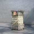 Outdoor Commercial Stone Pillar Equipment With Red Sign And Gray Brick Wall