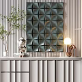 Modern Console Cabinet With Drawers Doors Geometric Wall Decor Potted Plant And Lamp