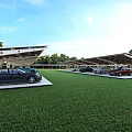 Solar Carport Structure With Solar Panels Covering Parked Cars On Green Lawn and Trees