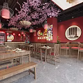 Traditional Hotpot Restaurant Interior With Red Walls Pink Cherry Blossom Decor And Chinese Style Tables