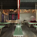 Traditional Interior Design Featuring Wooden Roof Green Grid Table And Fireplace