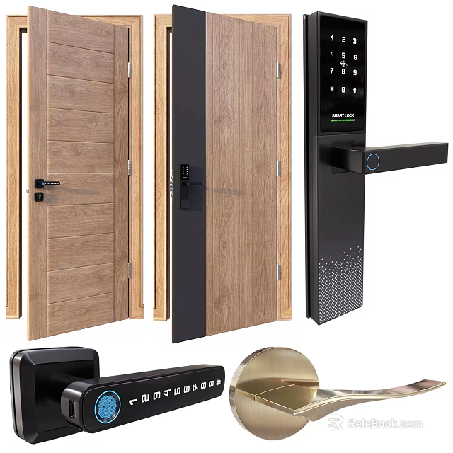 Durable Wooden Swing Door With Digital Lock And Modern Design Elements 3d model