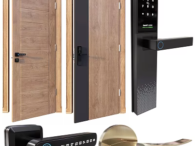 Durable Wooden Swing Door With Digital Lock And Modern Design Elements 3d model