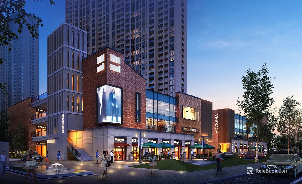 Modern Commercial Street with Tall Skyscrapers Digital Billboards Pedestrians Outdoor Seating and Evening Lighting 3d model 