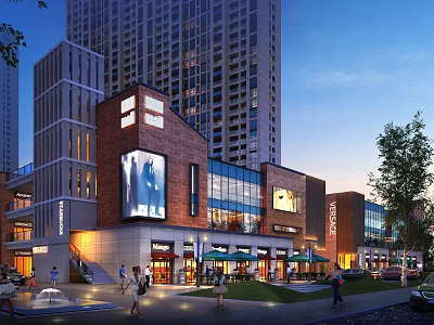 Modern Commercial Street with Tall Skyscrapers Digital Billboards Pedestrians Outdoor Seating and Evening Lighting 3d model