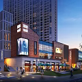 Modern Commercial Street with Tall Skyscrapers Digital Billboards Pedestrians Outdoor Seating and Evening Lighting