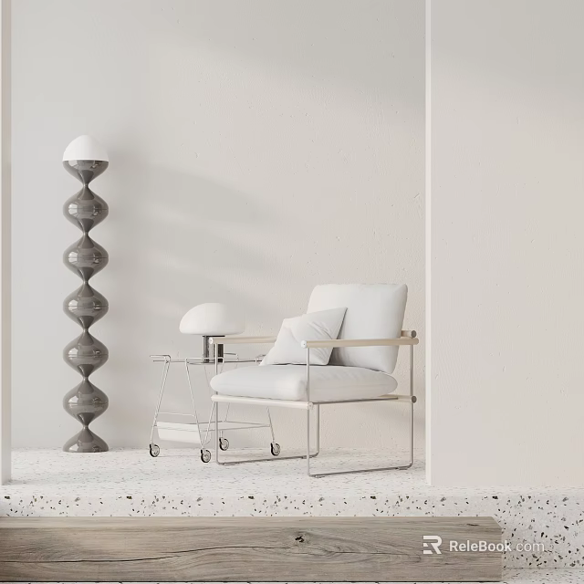 Modern Minimalist Leisure Chair With Light Colored Cushion Metal Frame Side Table And Floor Lamp 3d model 