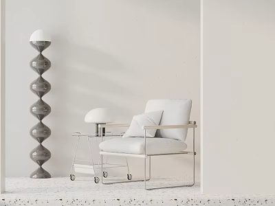 Modern Minimalist Leisure Chair With Light Colored Cushion Metal Frame Side Table And Floor Lamp 3d model
