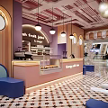 Decorative Hotel Lobby With Pink Beige Tones Bulb Lights Brown Teddy Bear Blue Sofas And Bubbles