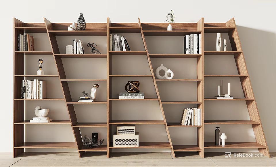 Modern Wooden Shelving Unit With Multiple Compartments Holding Books And Decorative Ornaments 3d model 