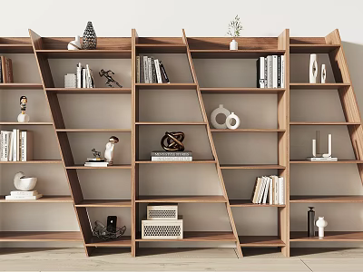Modern Wooden Shelving Unit With Multiple Compartments Holding Books And Decorative Ornaments 3d model