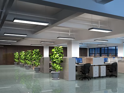 Bright Modern Public Office Space With Workstations Computers Green Plants And Ceiling Lights 3d model