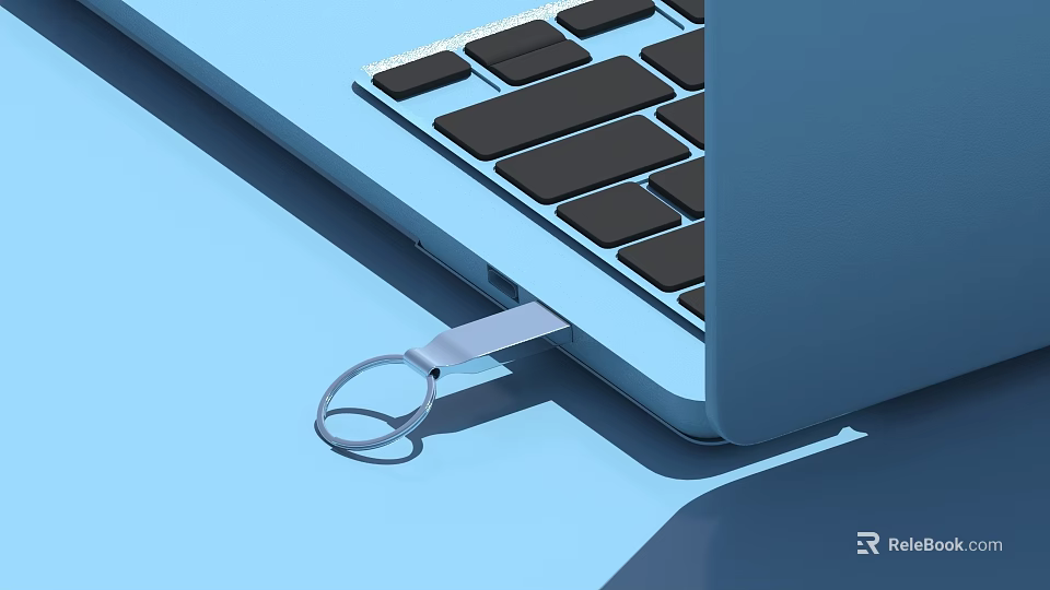 Metal USB Drive With Key Ring Inserted Into Blue Laptop Side Port 3d model 