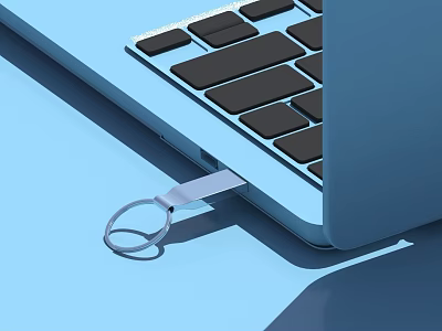 Metal USB Drive With Key Ring Inserted Into Blue Laptop Side Port 3d model