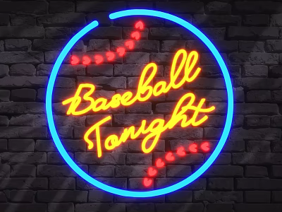 Neon Circular Decorative Light with Baseball Tonight Text Blue Red Baseball Pattern on Brick Wall 3d model