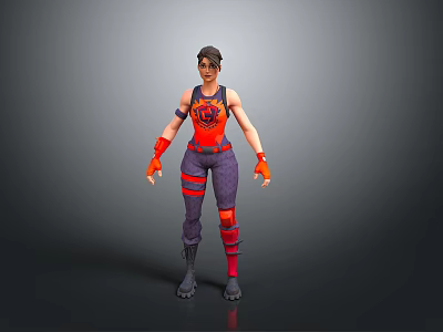 3D Rendered Female Gaming Character In Red Purple Outfit With Wrist Guards And Knee Pads 3d model