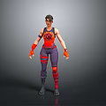 3D Rendered Female Gaming Character In Red Purple Outfit With Wrist Guards And Knee Pads