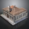 Classical Style Building Model With Sloped Red Tile Roof Stone Exterior Windows And Door