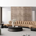 Modern Elegant Living Room Interior with Large Windows City Skyline Brown Curved Sofa Gray Armchair