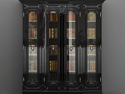 Classic Black Bookcase With Glass Doors And Decorative Details Filled With Books 3d model