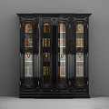 Classic Black Bookcase With Glass Doors And Decorative Details Filled With Books