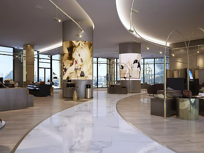 Modern Luxury Boutique Interior With Marble Flooring Curved Design And Display Areas 3d model