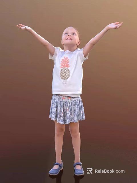 Little Girl Wearing White T-shirt with Pineapple Print and Blue White Patterned Skirt Raising Arms 3d model 