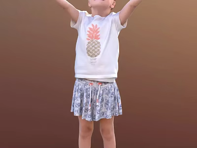 Little Girl Wearing White T-shirt with Pineapple Print and Blue White Patterned Skirt Raising Arms 3d model