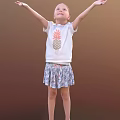 Little Girl Wearing White T-shirt with Pineapple Print and Blue White Patterned Skirt Raising Arms