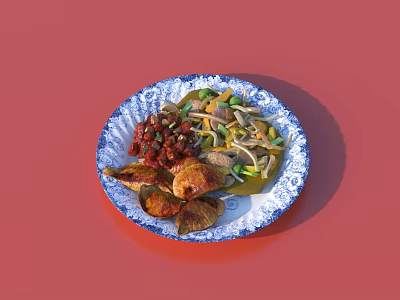 Grilled Meat With Vegetables And Red Toppings On Blue White Patterned Plate 3d model