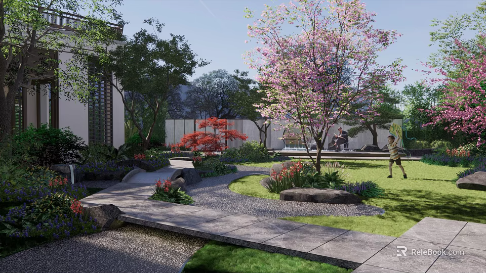 Traditional Garden Landscape Featuring Cherry Blossom Tree Red Maple Stone Path And Green Grass 3d model 