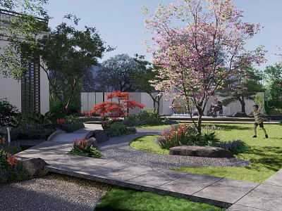 Traditional Garden Landscape Featuring Cherry Blossom Tree Red Maple Stone Path And Green Grass 3d model