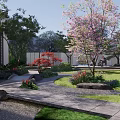 Traditional Garden Landscape Featuring Cherry Blossom Tree Red Maple Stone Path And Green Grass