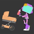Purple Robot With Green Screen Head Pushing Orange Baby Stroller And Red Bottle