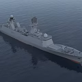 Modern Naval Warship Sailing On Calm Ocean With Radar Systems And Deck Equipment
