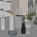 Stylish Kitchen Tabletop With Glass Bottles Knife Set Green Plant And Glass Cup