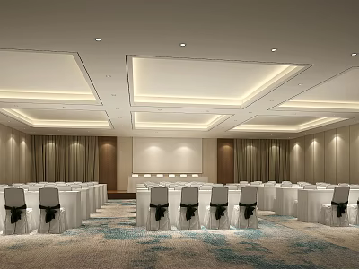 Modern Conference Room Interior With Tables Chairs Ceiling Lighting And Carpet 3d model
