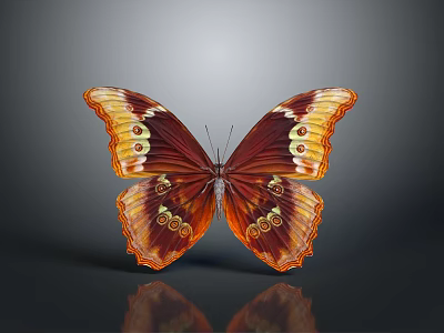 Vibrant Orange And Brown Butterfly With Circular Spots On Gray Background And Reflection 3d model