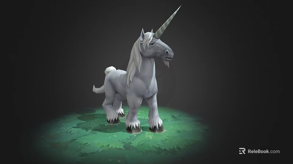 Gray Unicorn Game Movie Character With White Mane Tail Standing On Green Grass 3d model 