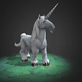 Gray Unicorn Game Movie Character With White Mane Tail Standing On Green Grass