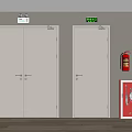 Safety Exit Doors With Fire Extinguisher And Emergency Poster On Wall