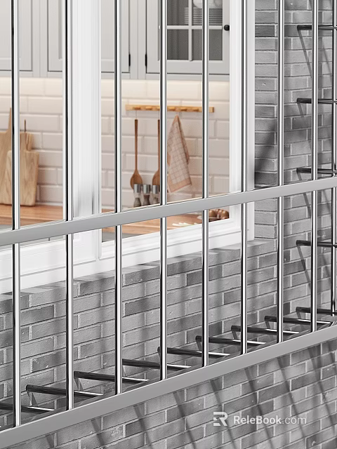 White Frame Window With Metal Grille Overlooking Kitchen Wooden Countertop Hanging Utensils Gray Brick Wall 3d model 